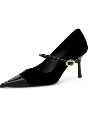 Women's Black Pointed Toe Heels Pumps Slip On Single Strap Wedding Evening Shoes
